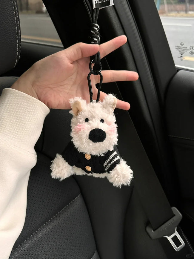 Cute Puppy Dog Plush Keychain with Black Cardigan - Soft Stuffed Pendant Hover Image