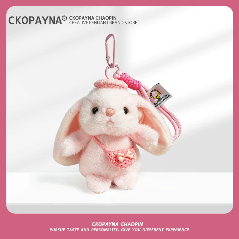 Cute Pink Bunny Plush Keychain with Hat & Bag - Soft Stuffed Pendant