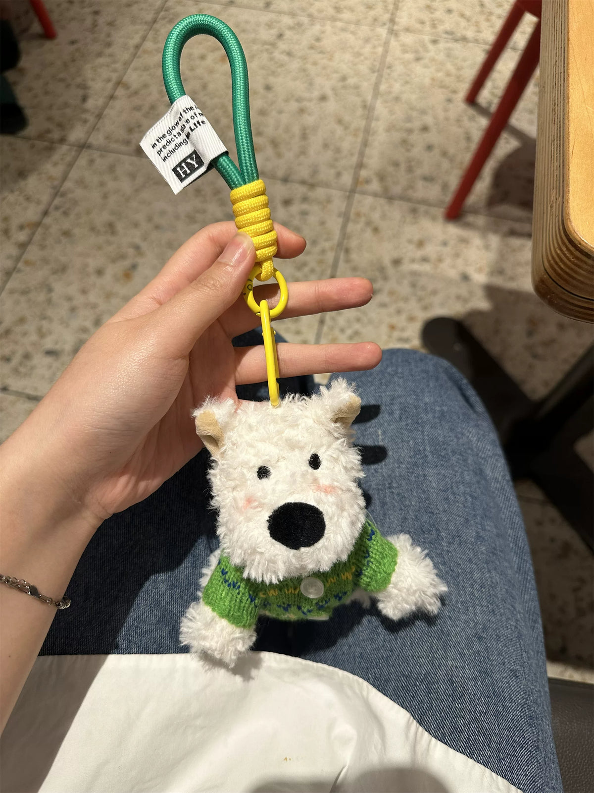 Cute Puppy Dog Plush Keychain with Green Cardigan - Soft Stuffed Pendant