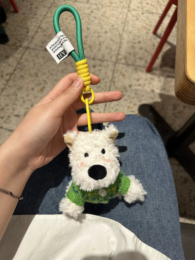 Cute Puppy Dog Plush Keychain with Green Cardigan - Soft Stuffed Pendant Hover Image