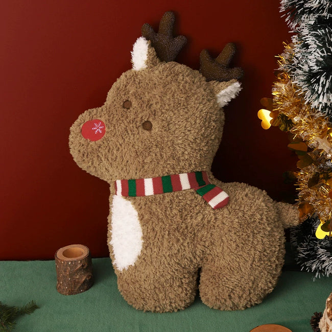 Adorable Festive Reindeer Cushion with Scarf & Antlers | Soft Sofa Decor Hover Image