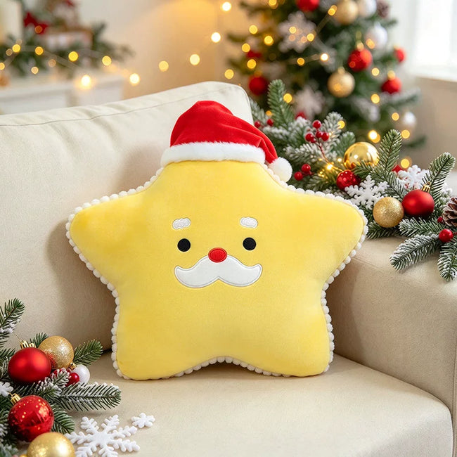 Adorable Festive Star Cushion Wearing a Santa Hat | Soft Winter Sofa Decor Hover Image