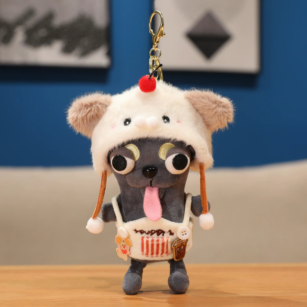 Cute Dark Grey Puppy Dog Plush Keychain with Overalls & Animal Hat - Soft Stuffed Pendant