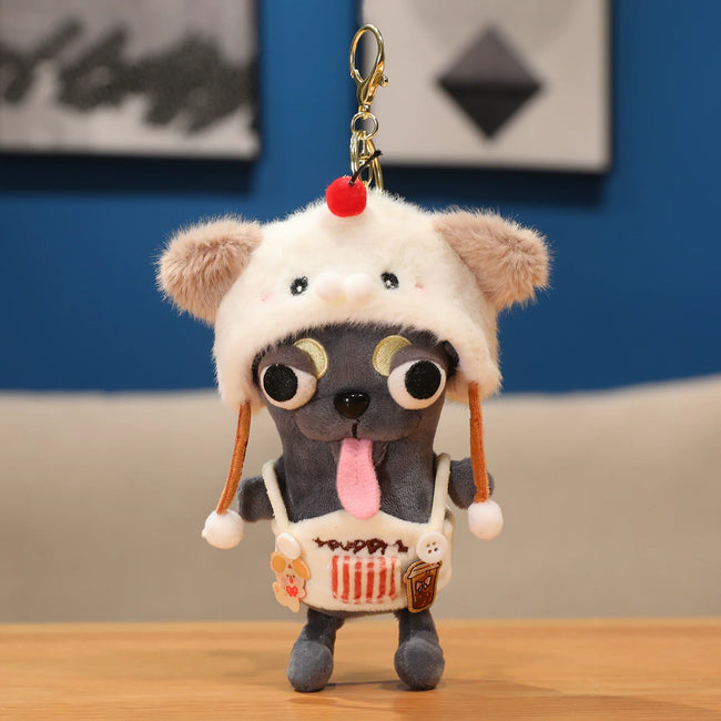 Cute Dark Grey Puppy Dog Plush Keychain with Overalls & Animal Hat - Soft Stuffed Pendant Hover Image